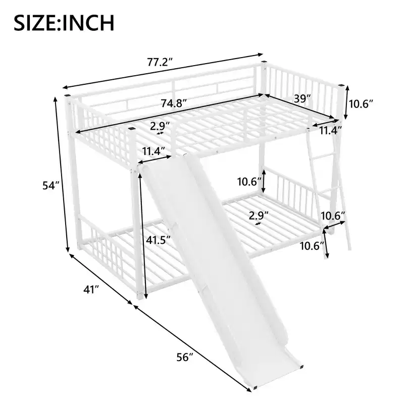 Modern Style Twin over Twin Metal Bunk Bed with Slide, Easy to Assemble