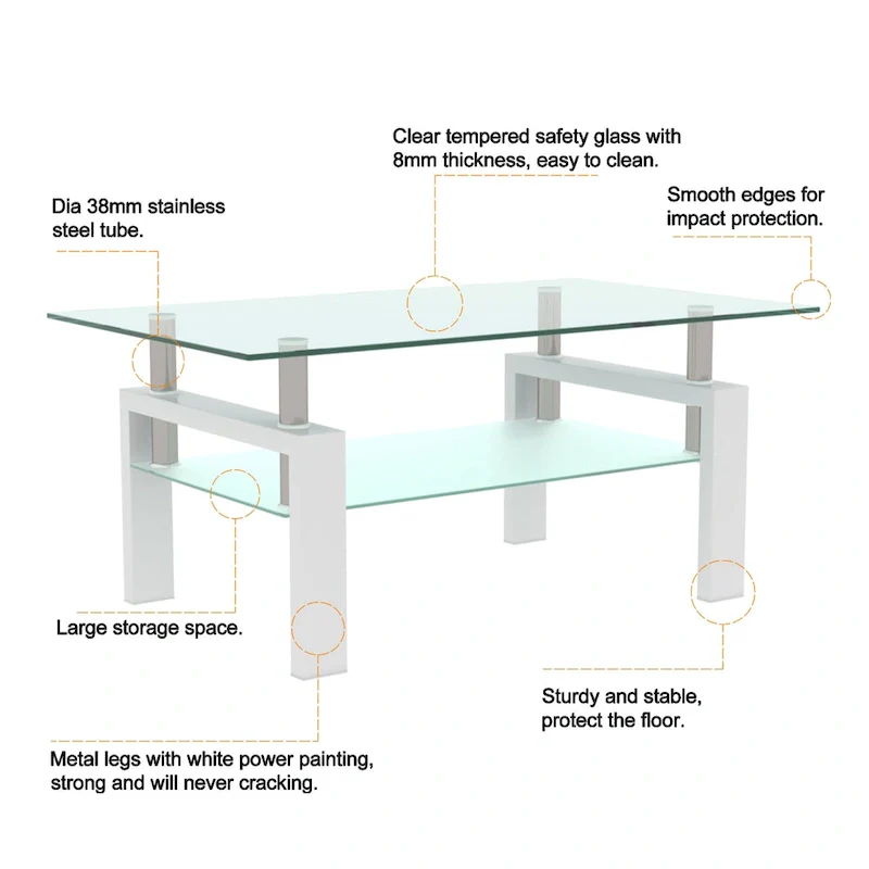 Rectangle Coffee Table Glass Tabletop with Lower Shelf
