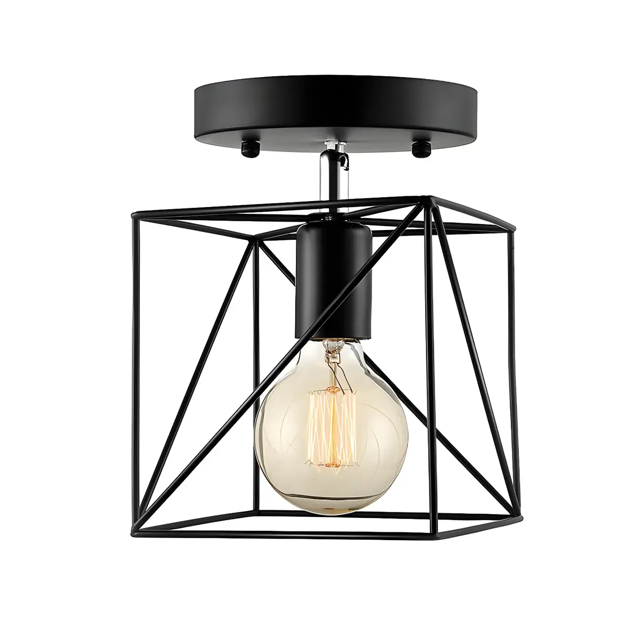 Modern Black Metal Square Caged Semi Flush Mount Ceiling Light