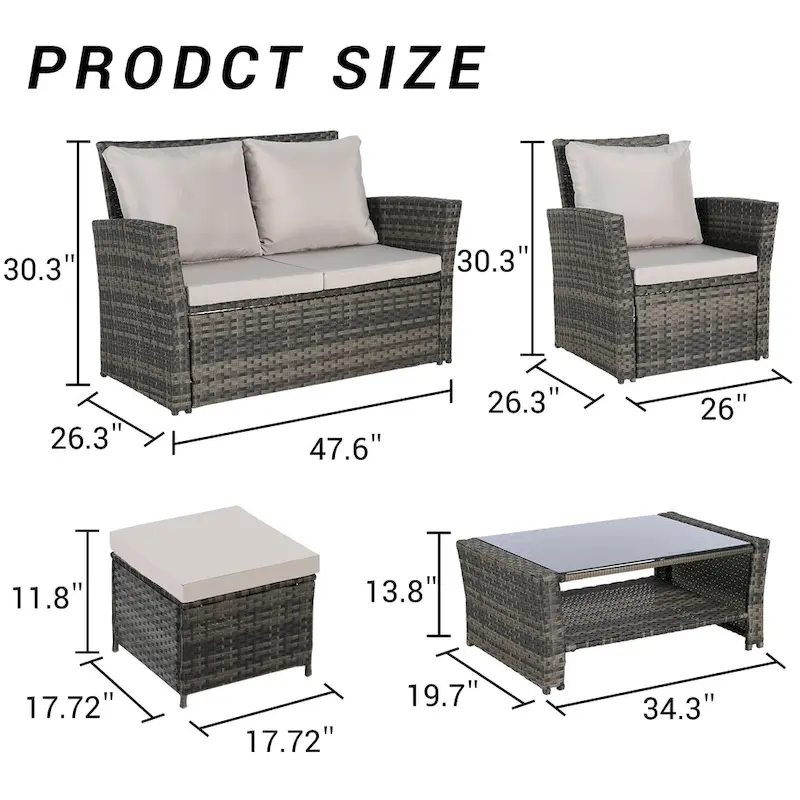 6 Piece Wicker Patio Furniture Sets with Tempered Glass Coffee Table & Ottoman