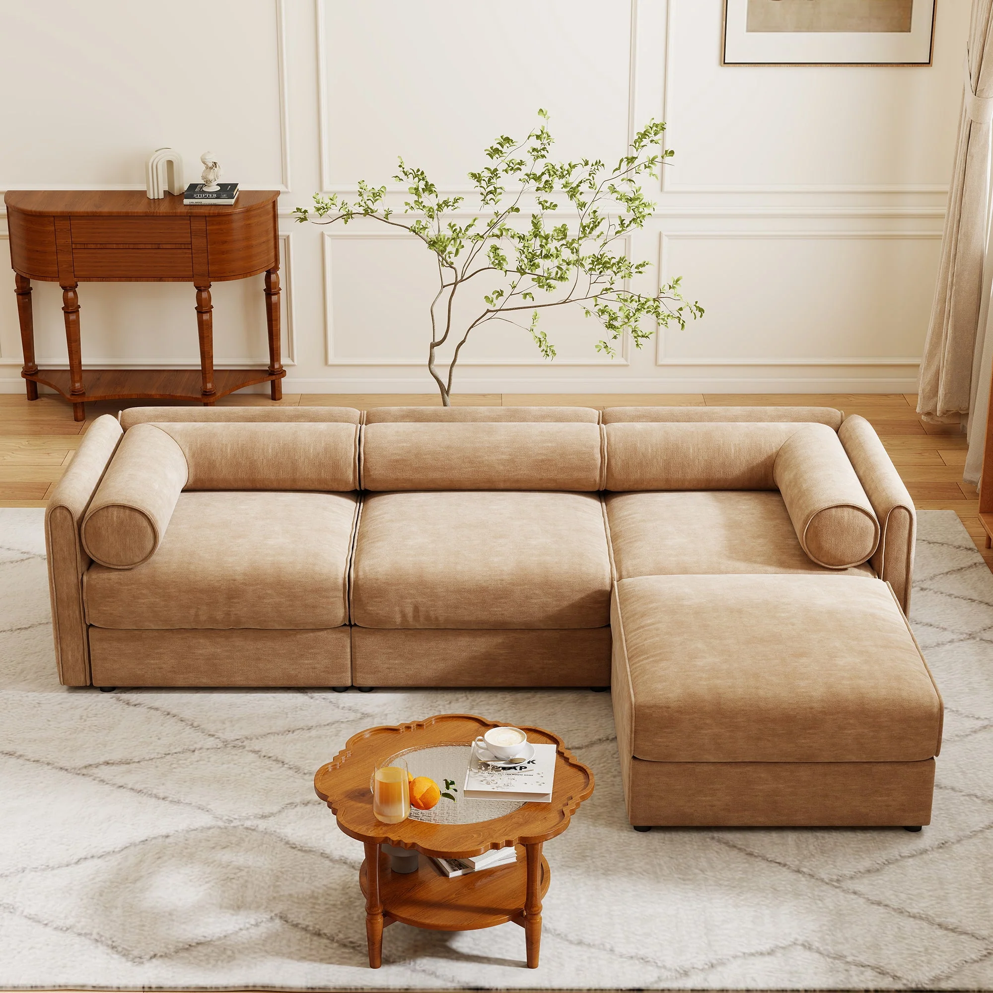 Walker Edison | Elegant Camel Chenille Sofa with Storage Seat and Ottoman