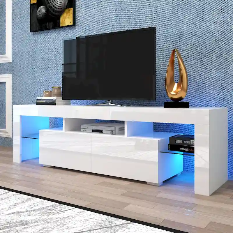 Nestfair White TV Stand with LED Lights for TVs up to 70 Inches