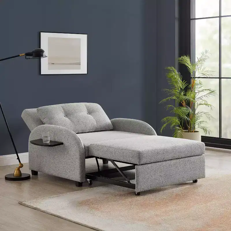 Twin Woven Polyester Fabric Black Wood Frame and Tray Table Convertible Bed Gray: Multifunctional Design, Easy Mobility