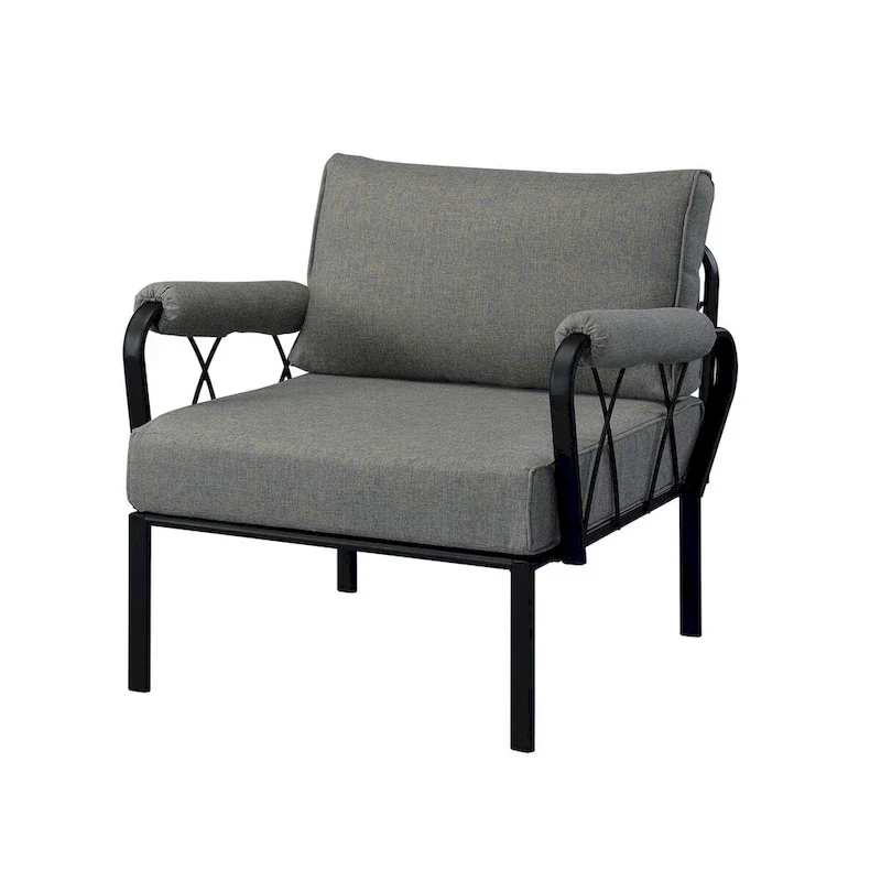 Patio Furniture Set: Armless Chair, Arm Chair, and Ottoman in Gray Fabric & Black Finish
