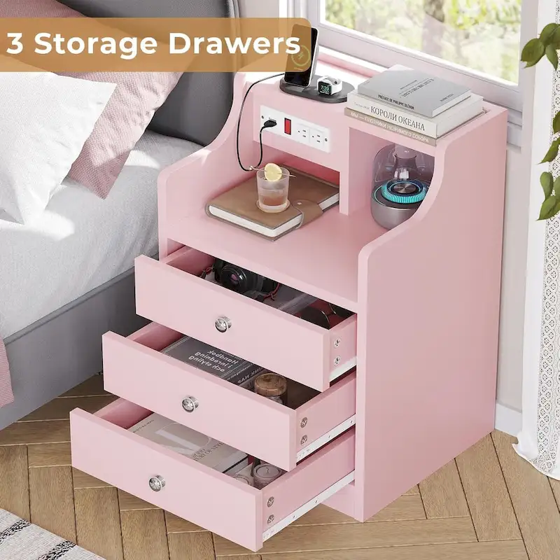 3-Drawer Nightstand with Built-in Charging Station and Open Shelf – White / Pink / Grey / Black, for 1 Person