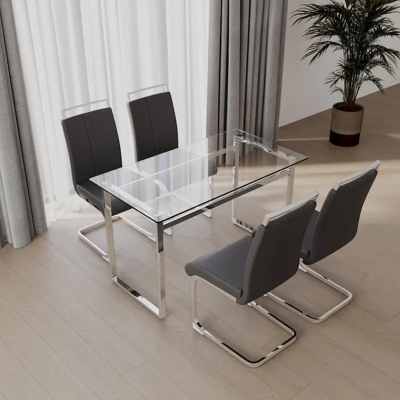 Modern 5-Piece Dining Set with Rectangular Glass Table & High Back Silver-Plated Legs Dining Armless Chairs