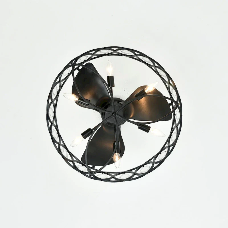 Dakanda 24 Inch Matte Black finish 6 Light, 3 Blade Crystal Ceiling Fandelier with Remote