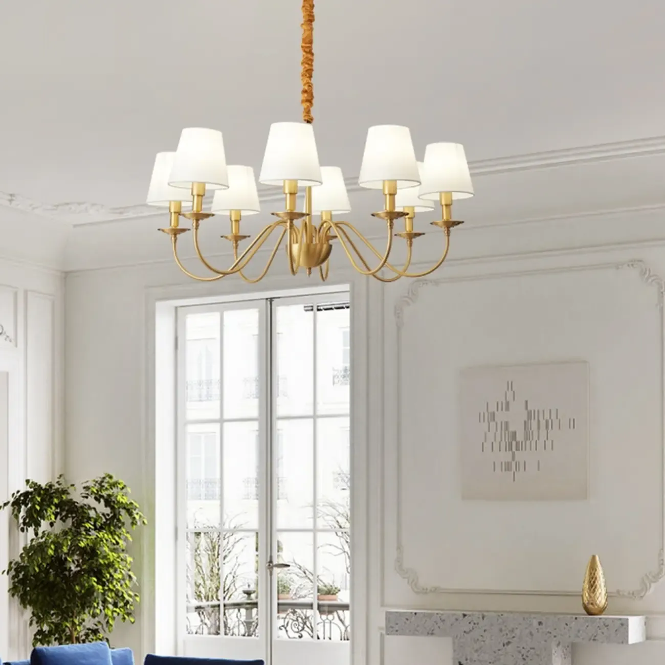 Elegant White Fabric Shade Classic Gold Chandelier