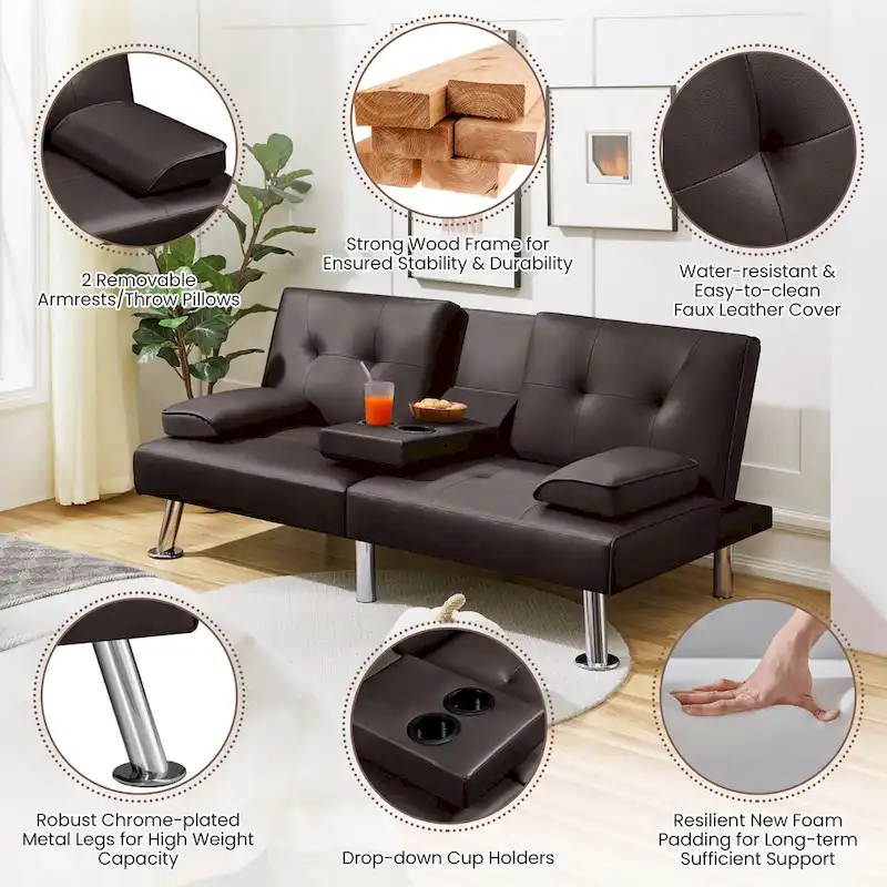 Yaheetech Faux Leather Convertible Futon Sofa Bed 3-In-1 Adjustable Futon Couch