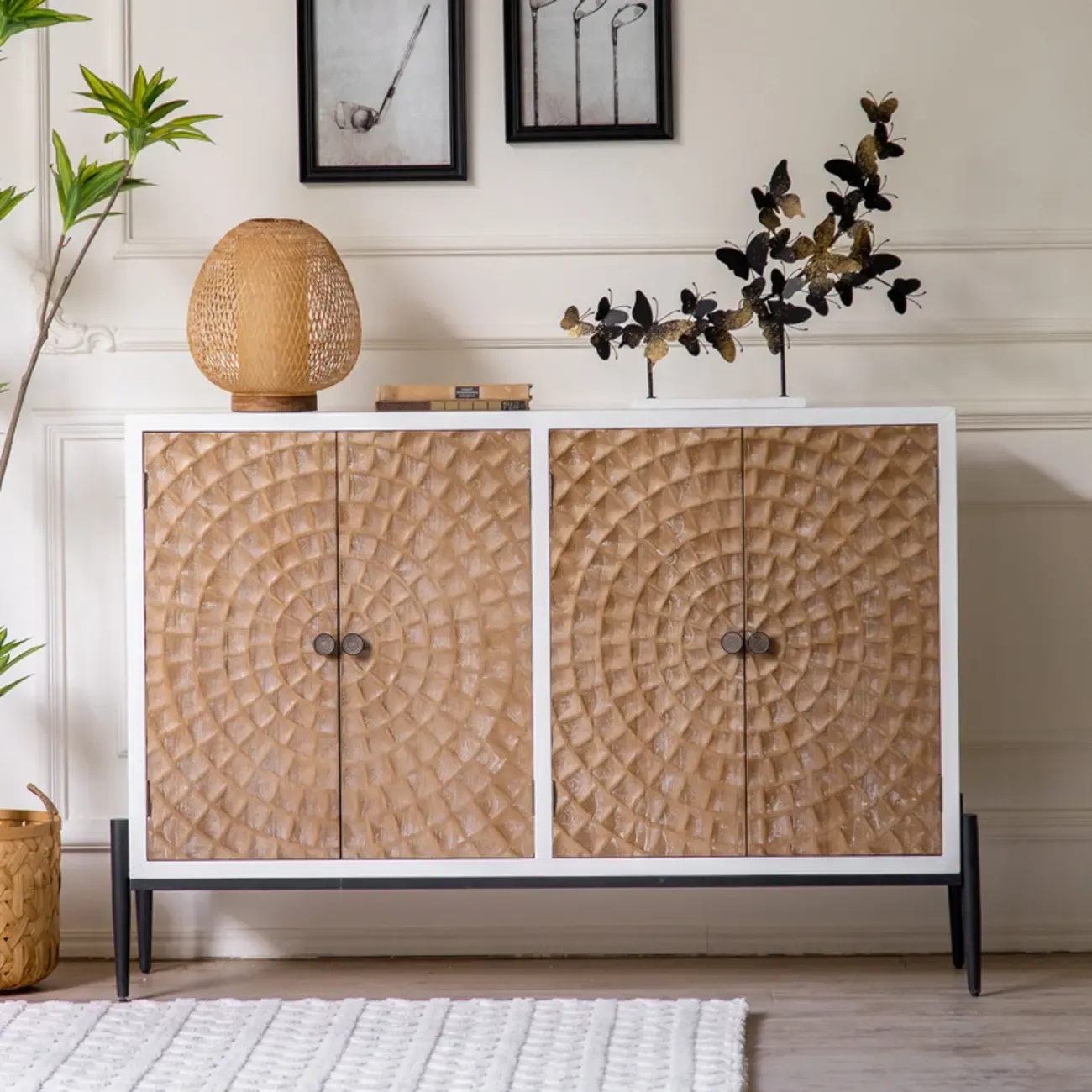 Freestanding Rustic Rectangle White Wood Iron Base Cabinet