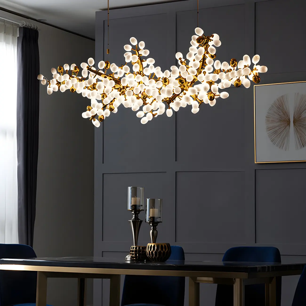 1 Tier Gold Branch White Glass Oval Cluster Pendant Light