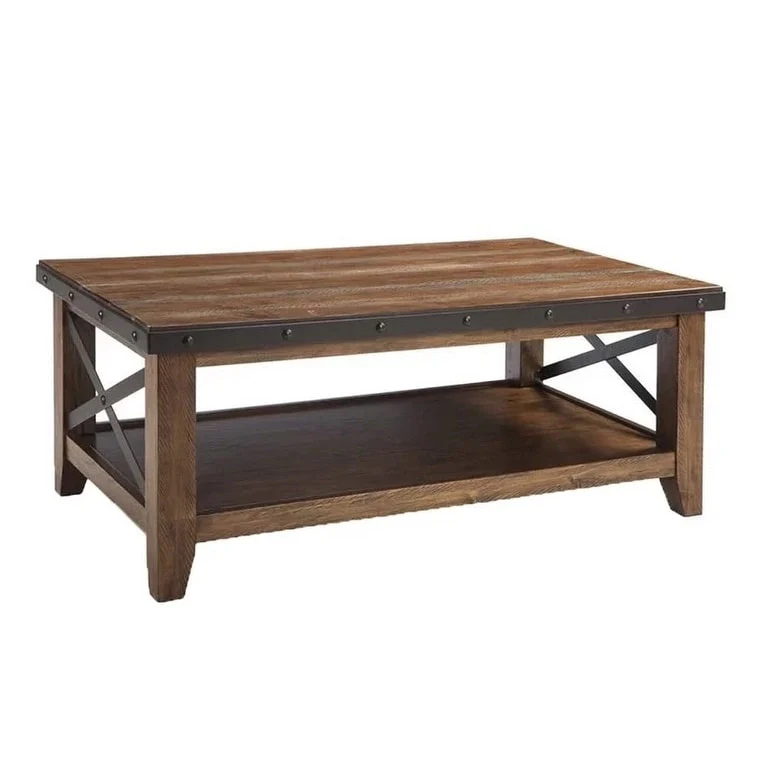 Rustic Coffee Table - Canyon Brown, Studded Metal Band, Metal Stretchers, 50W x 19H, 300 lbs