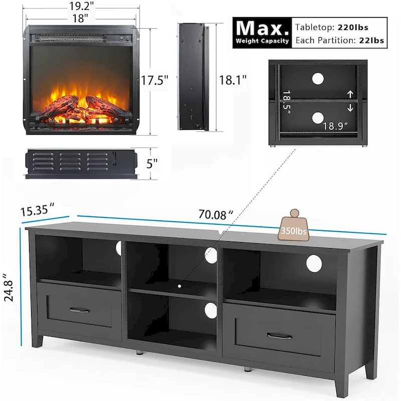 WESOME 70 Fireplace TV Stand Entertainment Center with 18 Electric Fireplace