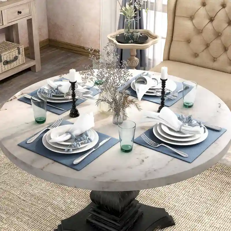 Brec Farmhouse Marble Top 5-Piece Round Dining Table Set with Tufted Chairs by Furniture of America