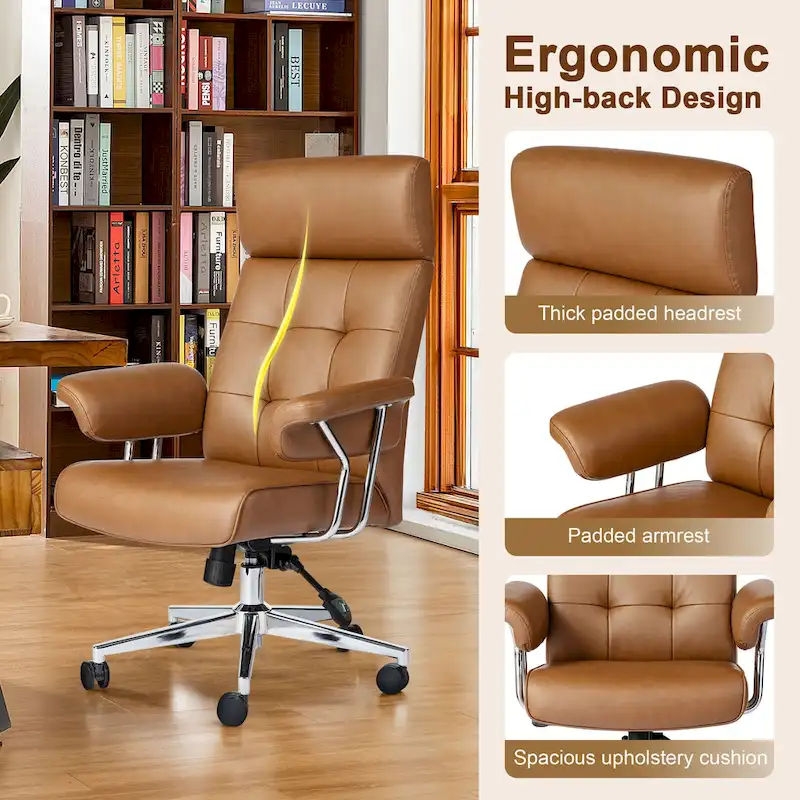 Glitzhome Mid-Century Modern Brown Leatherette Gaslift Adjustable Swivel High Back Office Chair with Armrest
