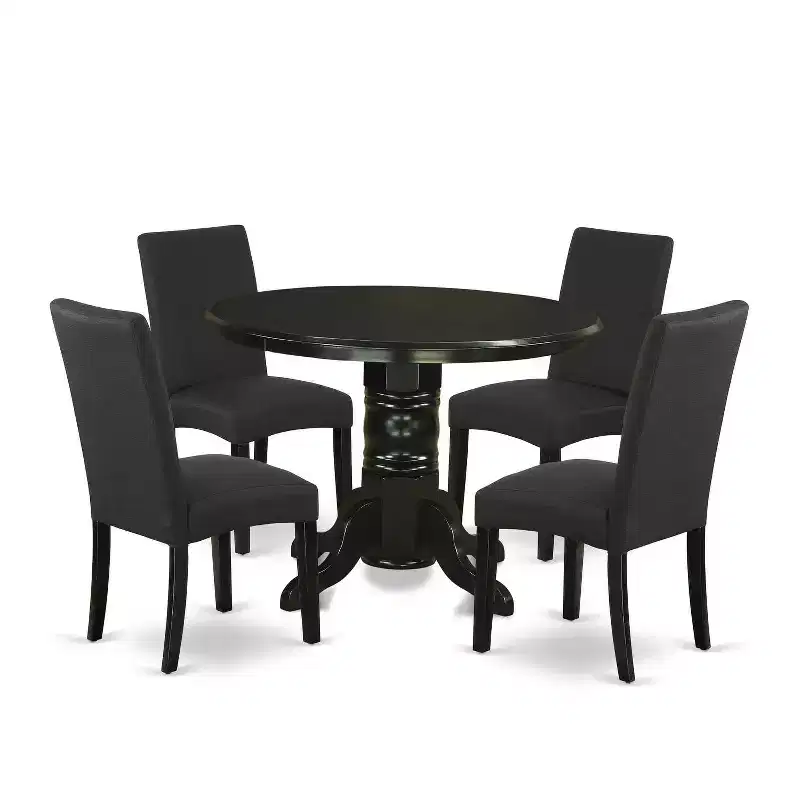 HomeStock 5-Piece Round Black Finish Solid Wood Top Dining Table with 4-Parson Chair