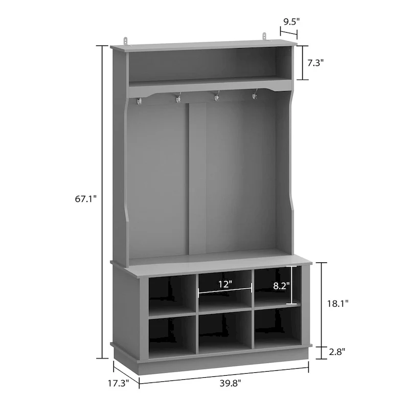 Cubby Wide Hall Tree With Bench Coat Hook 17.3 D x 39.8 W x 67.1 H