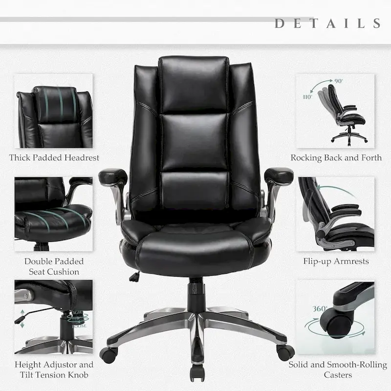 Leather Executive Office Chair- High Back Home Computer Desk Chair with Padded Flip-up Arms, Adjustable Tilt Lock