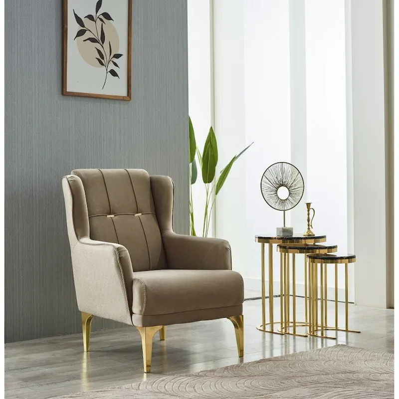 Beige Velvet Convertible Sofa Set with Gold-Tone Metal Legs