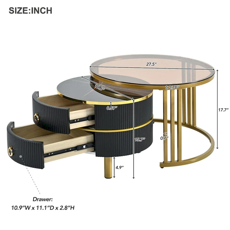 Stackable Coffee Table,Nesting Tables with Brown Tempered Glass,2 PCS