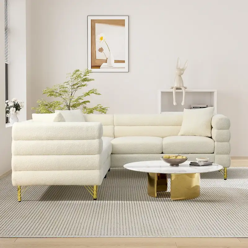 Ouyessir Teddy Fabric Modern Sectional Sofa Sets L-Shape/2/3/4 Seater Sofa Couch with Pillows