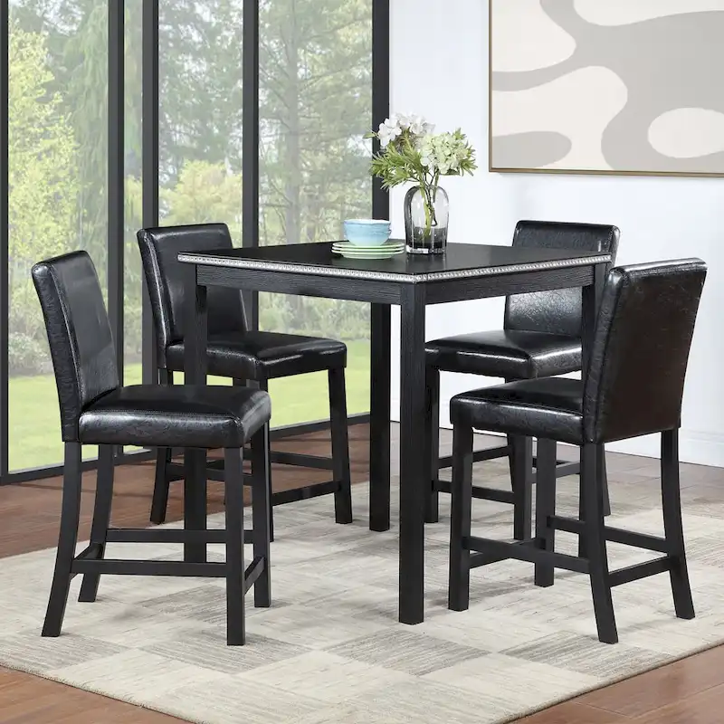 5 Piece Counter Height Table Set, Wooden Kitchen Table Set with Square Table and 4 Upholstered Chairs