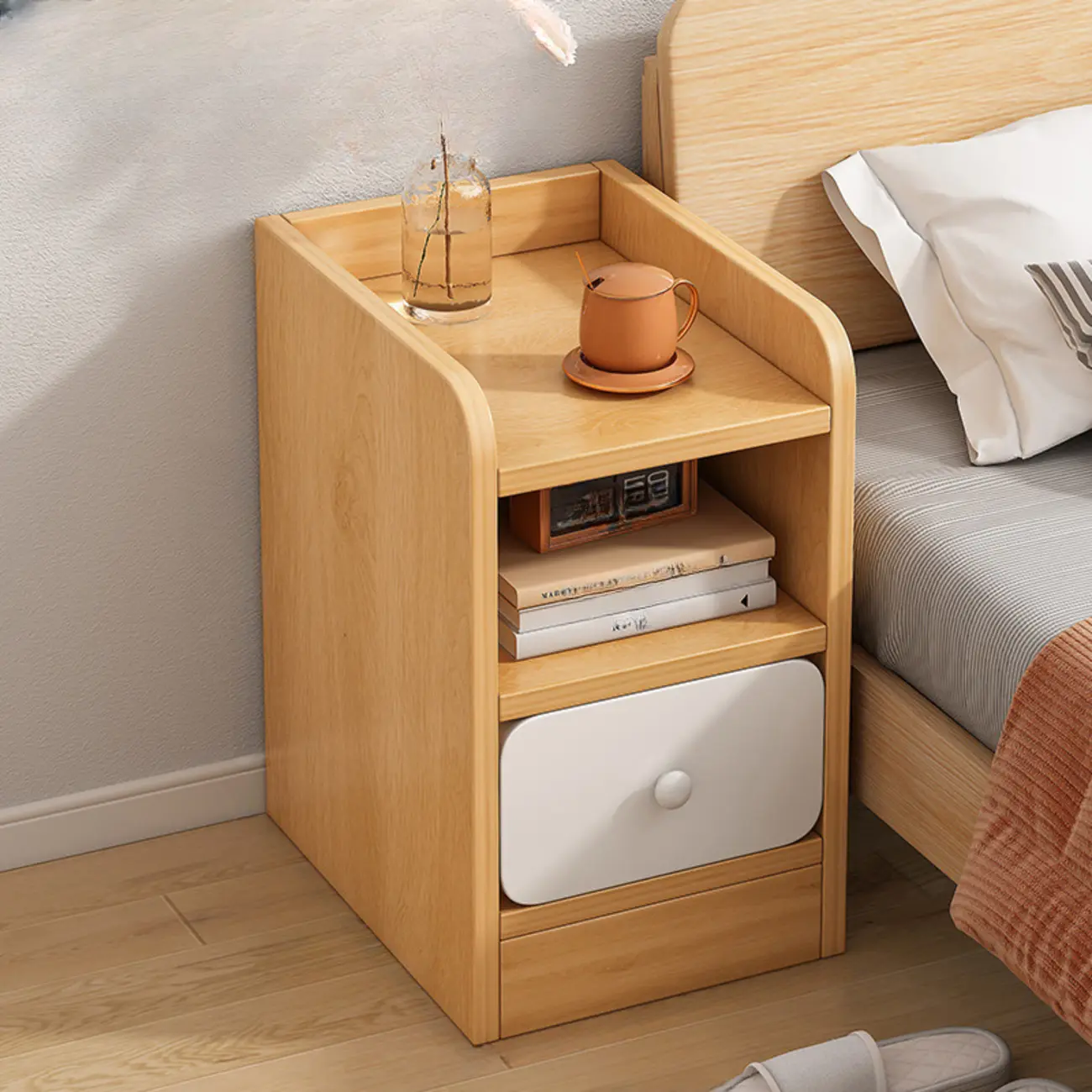 Simple White Natural Wood 2-Drawer Nightstand