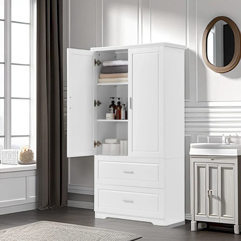 Bathroom Storage Cabinet Tall Floor Storage Cabinet with Two Doors and Drawers, Adjustable Shelf