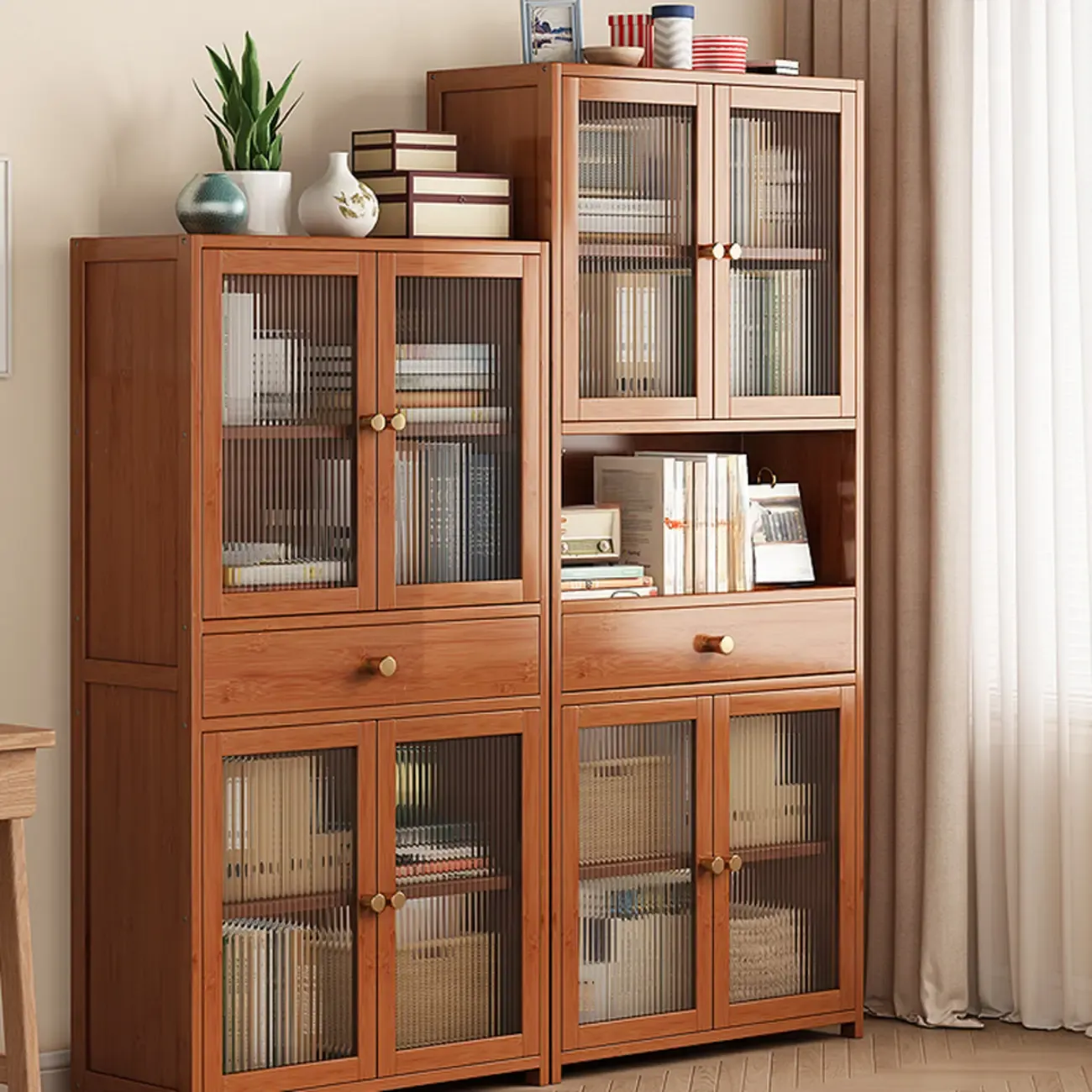 Modern Bamboo Narrow Storage Sideboard with Cabinets