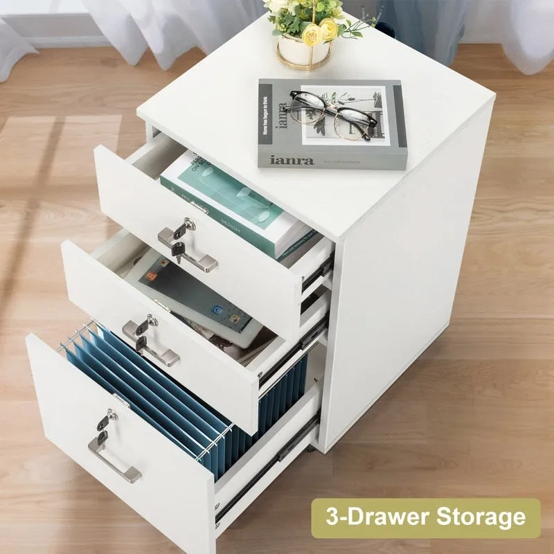3-Drawer Rolling Wood File Cabinet with Lock