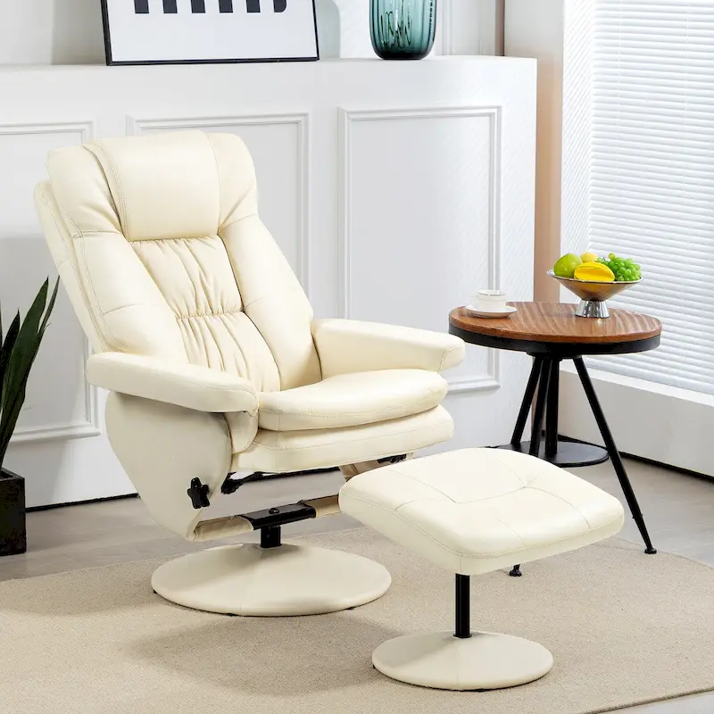HOMCOM Swivel Recliner with Ottoman, PU Leather and Footrest with Wrapped Base, Cream White