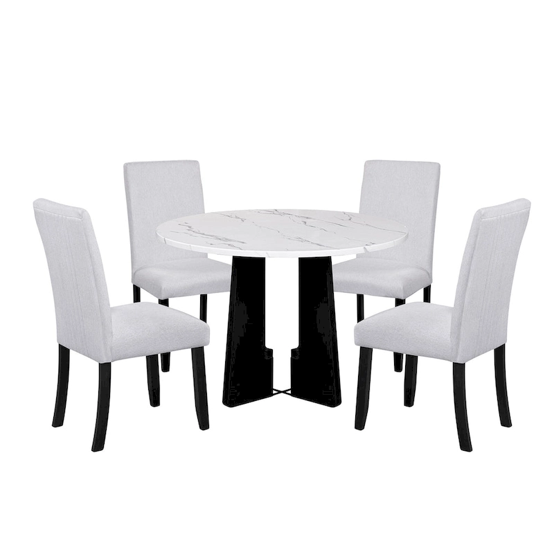 5 Piece Kitchen Table and Chairs Set, 4 People Round Dining Table Set, 4 Upholstered Chairs with Rubber Wood Legs