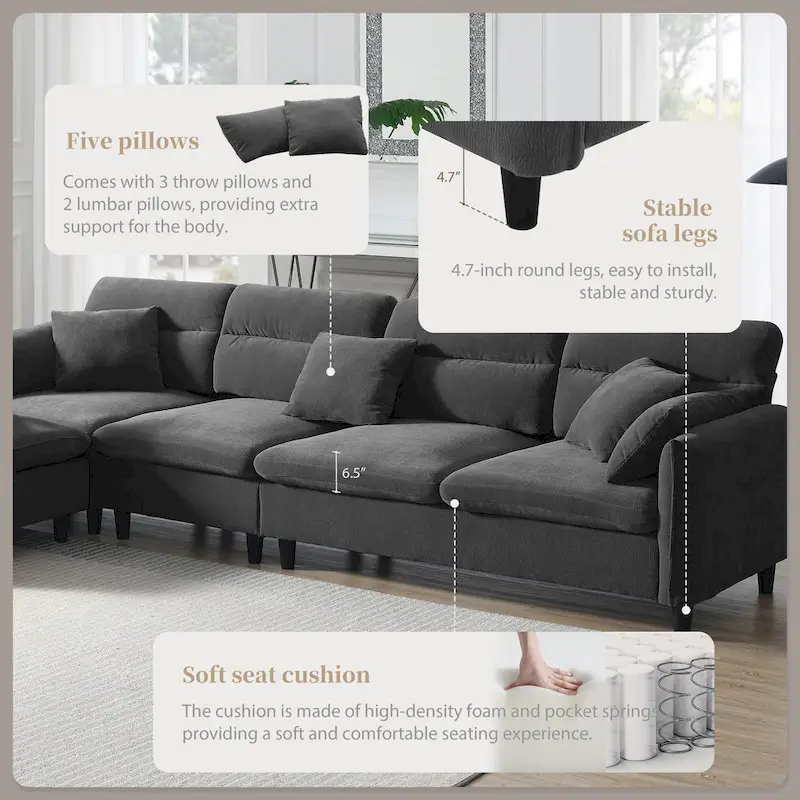 110  Modern L-Shaped Convertible 5-Seat Sectional Sofa with Removable Ottoman and 5 Cushions, Plush Chenille Fabric