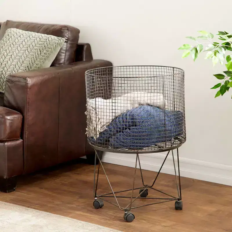 Farmhouse Metal Storage Cart Bronze: Multipurpose Metal Hamper with Wheels, Open-Top, No Assembly Required