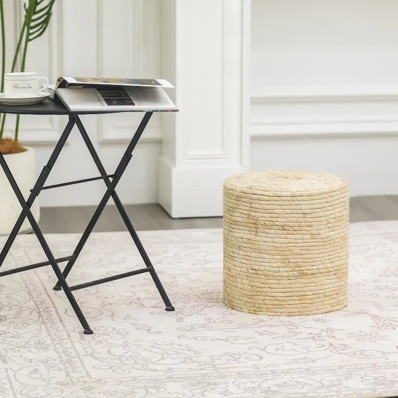 Adeco Round Ottoman Natural Cattail Hand Weave Foot Stool
