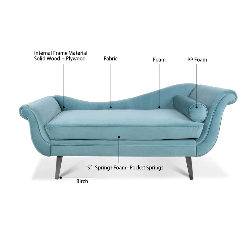 Upholstered Chaise Lounge with Scroll Arms, Accent Pillow & Solid Wood Legs