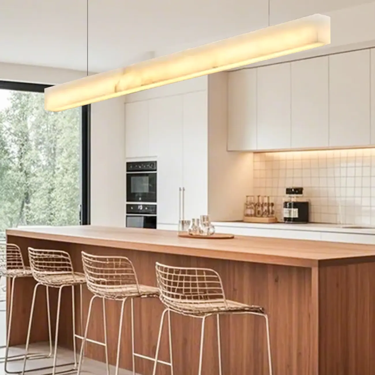 White Stone Linear LED Island Pendant Light In Rectangle Shape