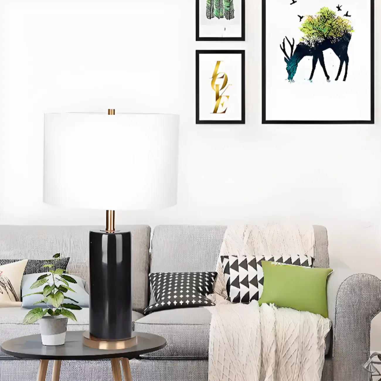 Modern Stone Table Lamp with Fabric Shade, LED Compatible