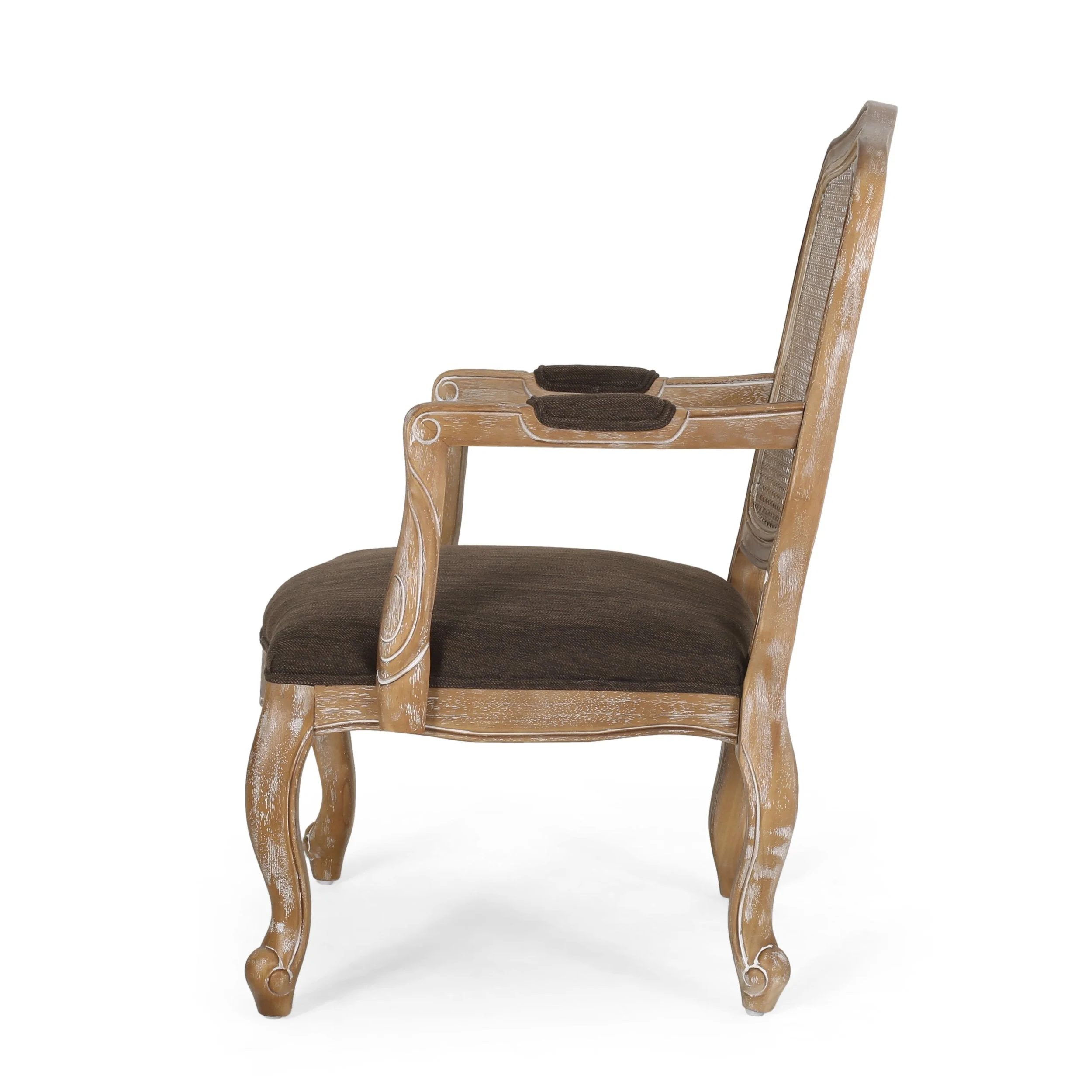 French Country Wood and Cane Upholstered Dining Armchair - NH542513