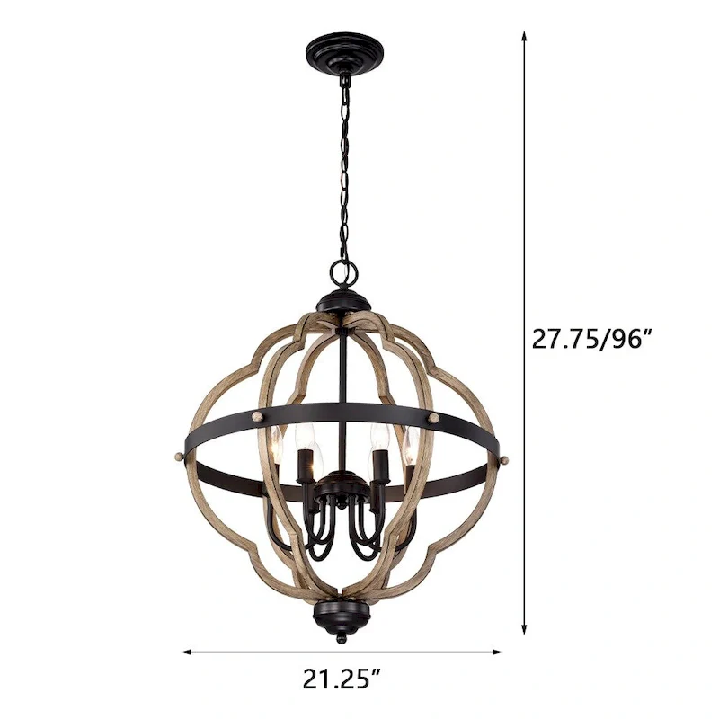6-Light Brown/Black Round Iron Ceiling Lamp Chandelier with Brown Ringed