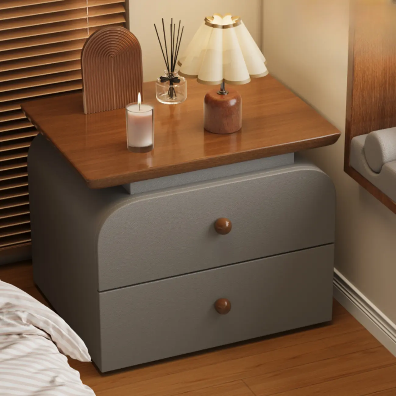 Faux Leather Modern Nightstand Wood Countertop