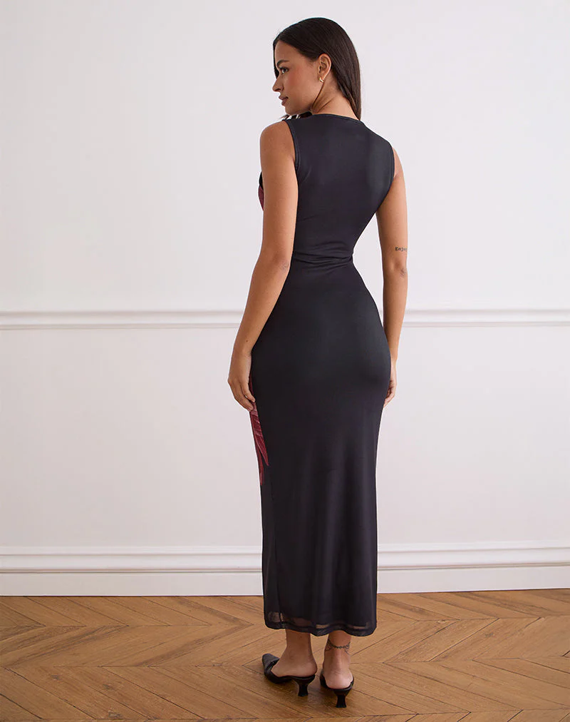 Fayola Maxi Dress In Black with Burgundy Watercolour Flower