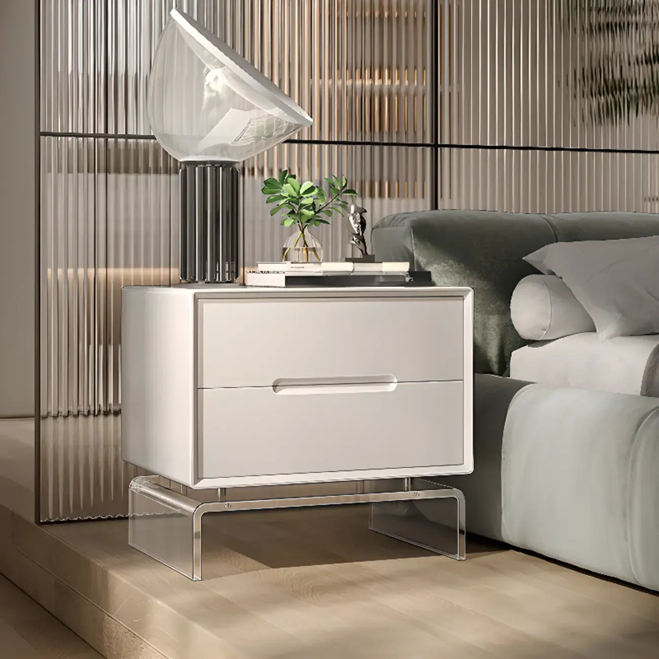 Modern Acrylic Leg Timber White Nightstand with Drawers