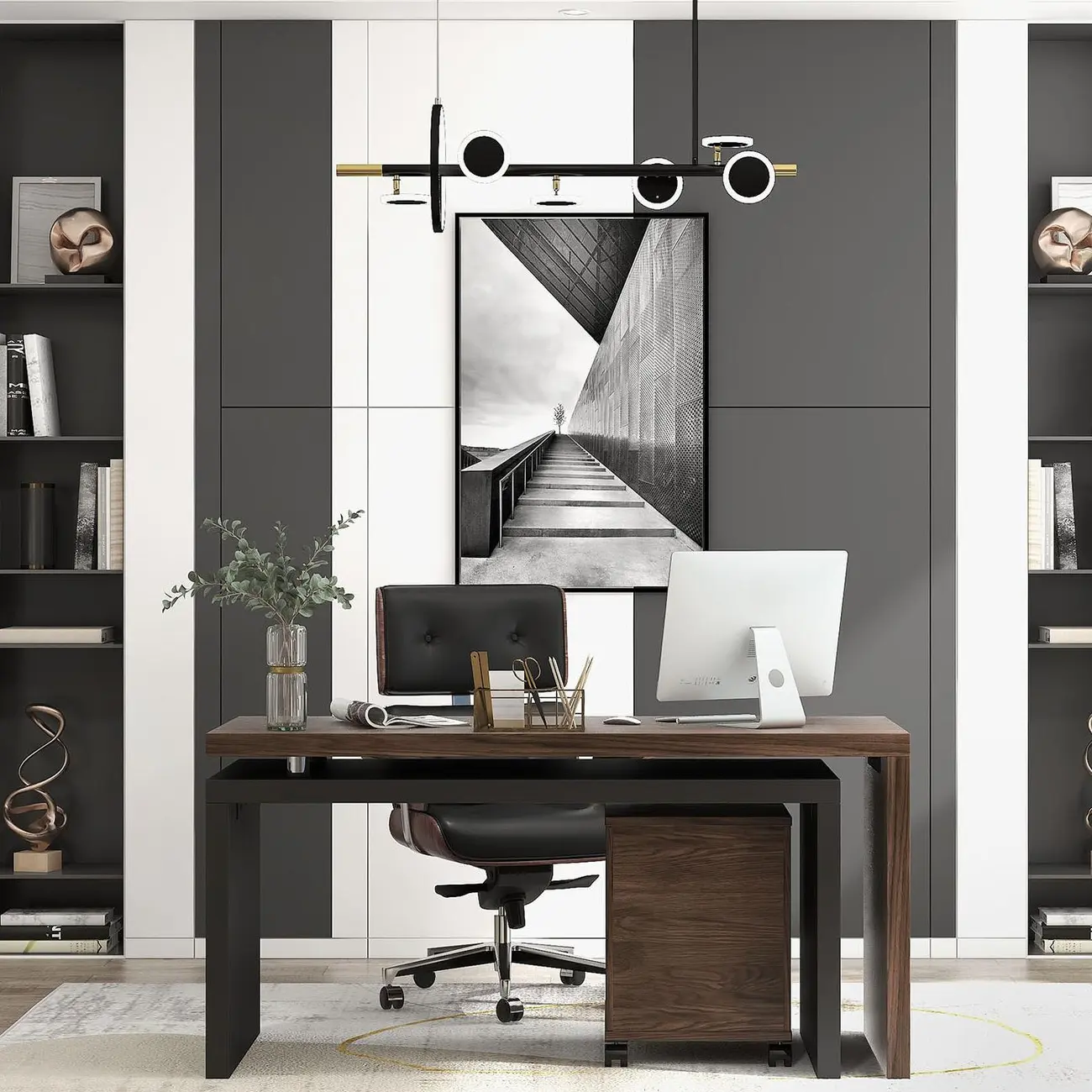 Modern Wood Leather Adjustable Swivel Black Executive Chair