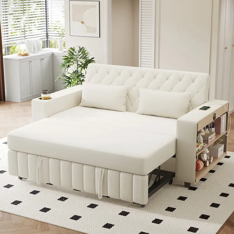 Transformable Chenille Fabric Sofa Bed with Adjustable Tufted Backrest, USB Ports, and Ample Storag
