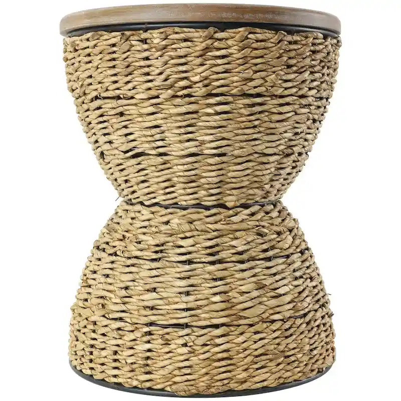 Rattan Handmade Woven Side End Accent Table with Wood Tabletop and Black Frame - Light Brown or Brown