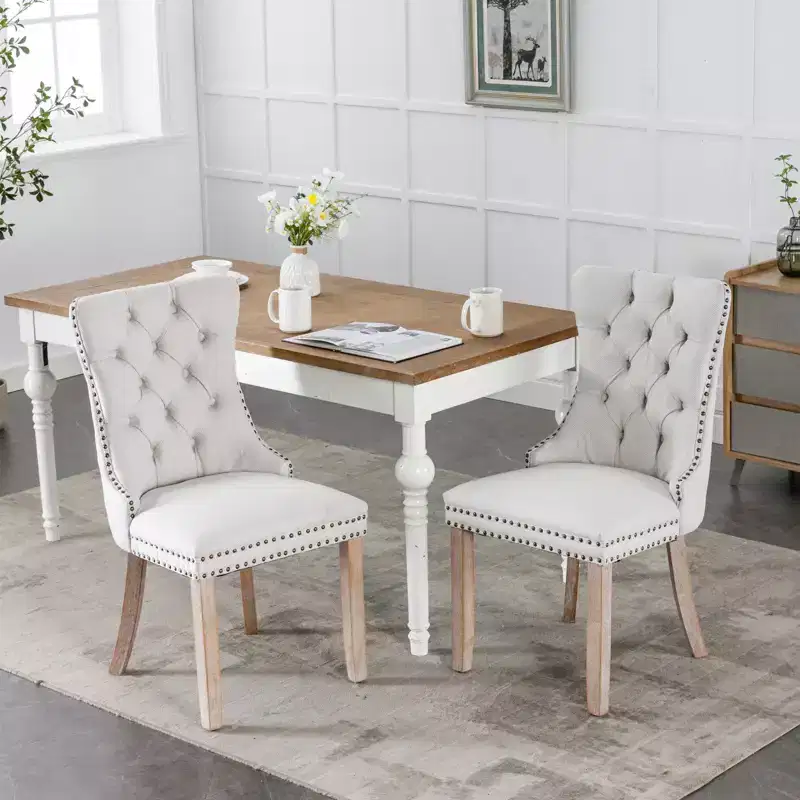 TUYOHW Contemporary Dining Chairs,2 Pcs Elegant Tufted Side Chairs,Soft Linen Dining Room Chairs,Solid Wooden Legs & Nailhead Trim,300lbs Max