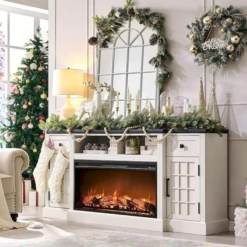 Black/Brown/White Farmhouse Electric Fireplace TV Stand, Fits 80" TVs, 70"W x 31.5"H, 5000 BTU