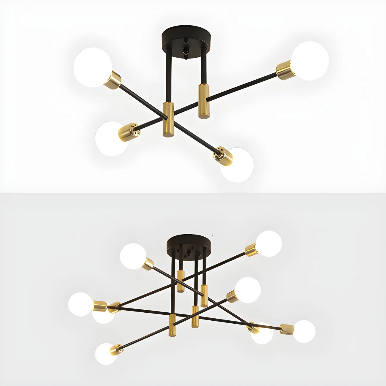 Modern Industrial Black Gold Sputnik Semi Flush Ceiling Light