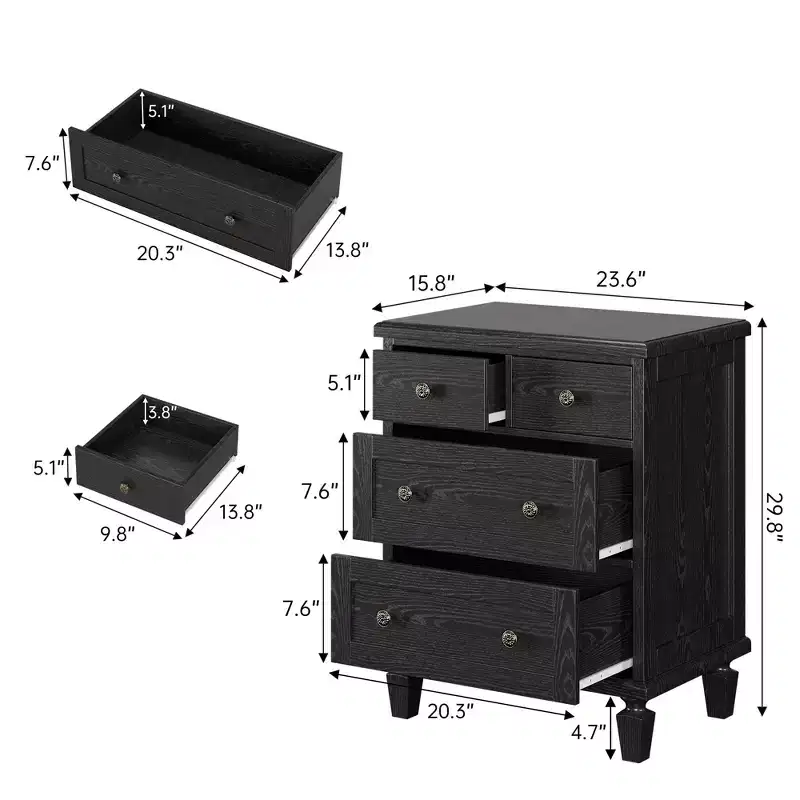 Black / Dark Brown / Light Brown 4-Drawer Vintage Dresser with Carved Handles